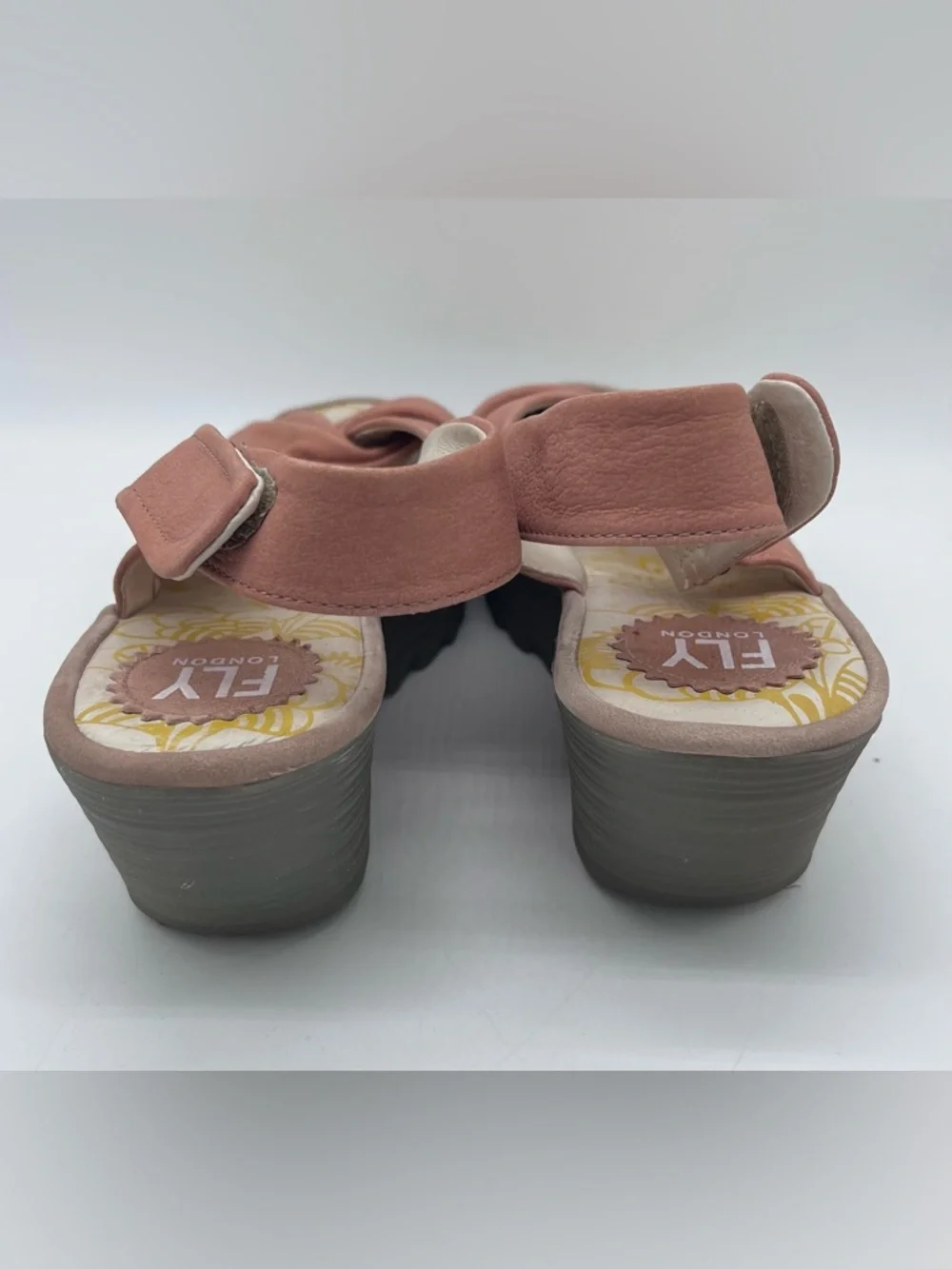 FLY LONDON Yata Pink Nubuck Suede Wedge Sling Back Peep Toe Sandals size 40